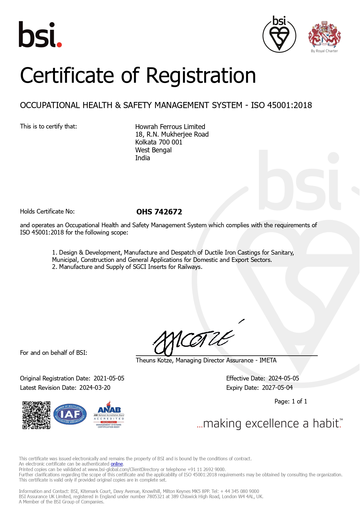 OCCUPATIONAL HEALTH & SAFETY MANAGEMENT SYSTEM ISO 45001:2018